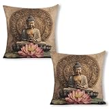 zxxpensy Buddha with Lotus Flower Mandala Pillow Covers 18x18 Set of 2, Throw Pillow Covers Linen Cushion Case for Couch Sofa Farmhouse Decor