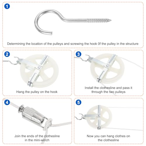 sourcing map Outdoor Clothesline Kit, 5" Clothesline Pulley, 150ft Clothes Line Rope for Outside, S-Separator Spreader Pulley, Clothesline Tightener and 50pcs Clothespins for Outdoor & Indoor - Image 5