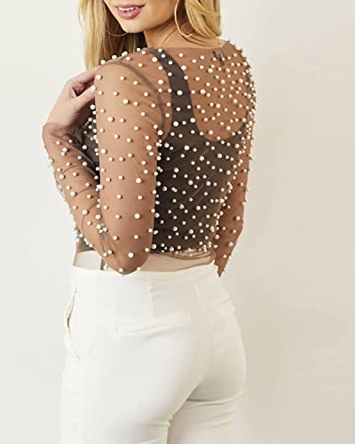 Mesh Sheer Beaded Top for Women Solid Long Sleeve Tee Blouse See Through Beach Cover Up for Women Crop Top4