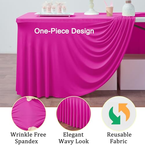 Image of 3 Pack Hot Pink Spandex Tablecloth for 6 Foot Rectangle Tables, Wrinkle Free Fitted Table Cloth Cover 6ft Fuchsia Stretchy Tablecloths with Skirt for Parties Weddings Birthday Banquet Baby Shower