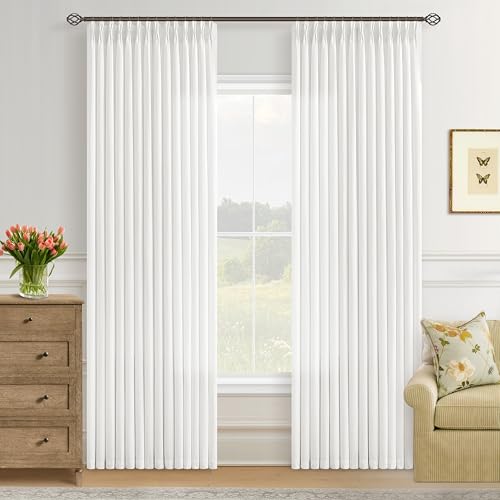 Image of Off White Pinch Pleated Semi Sheer Linen Curtains 80 Inch Long | 80 Inch Long, Ivory, Light Filtering, Privacy, Living Room, Bedroom, Flax Textured, Memory Shape, Hook Rings, Boho, Modern