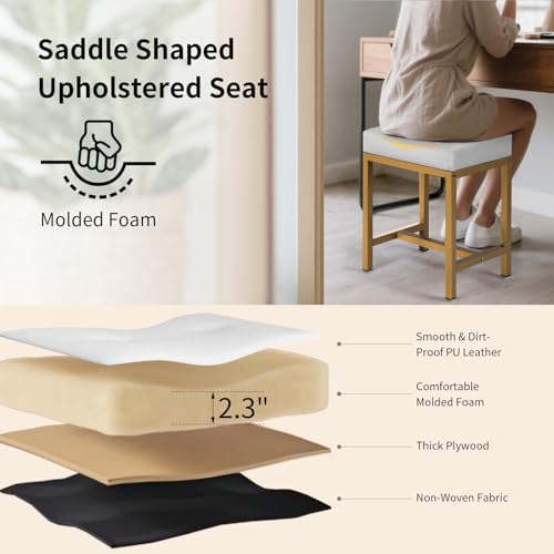 FLYZC Saddle Seat Vanity Stool, Makeup Stool Chair with Metal Leg, U-Shaped PU Leather Ottoman Foot Rest, Small Square Chairs Under Desk for Vanity, Living Room, Modern Makeup Bench White&Gold - Thumbnail 4