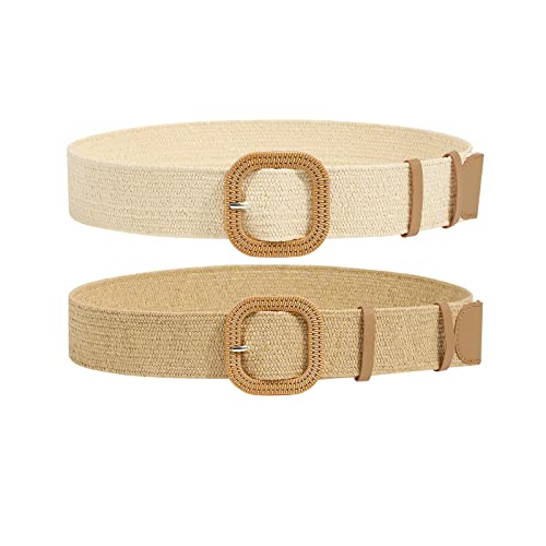 Awaytr Straw Woven Elastic Women Belt - Ladies Boho Braided Stretch Wide Waist Belt For Dresses (2Pcs, Beige+Khaki) #TOP25