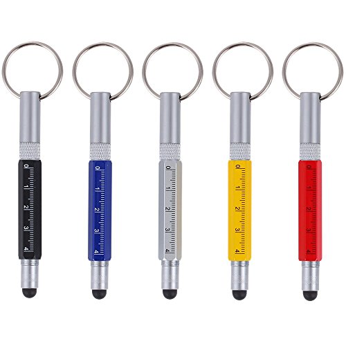 Shulaner 6 in 1 Small Metal Tech Tool Ballpoint Pens with Key Ring, Ruler, Stylus and Two-head Screwdriver, Multi functional Tool Fits for Mens or Women, Pack of 5