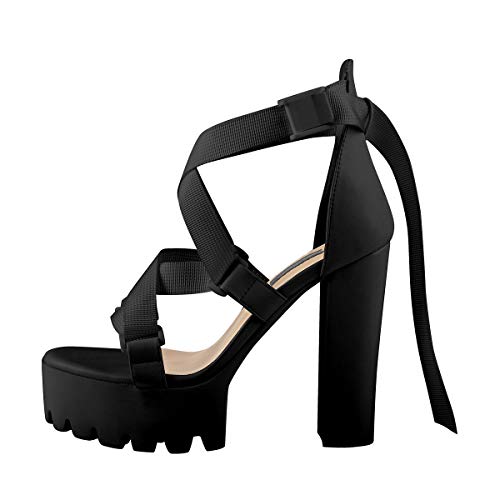 Yolkomo Women s Open Toe Ankle Strap Platform Block Buckle Criss Cross Strap Chunky Heeled for Party Fashion Show Sandal Black Size 11