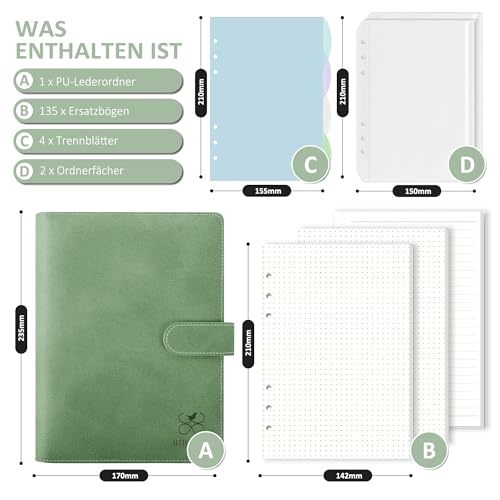Notizbuch Ringbuch A5 Nachfüllbar, A5 Binder mit 6 Ringe, Tragbares Leder Ringordner mit Nachfüllpapier & Bindertaschen, Tagebuch für Erwachsene Bullet Journal für Schüler Berufstätige Reisende