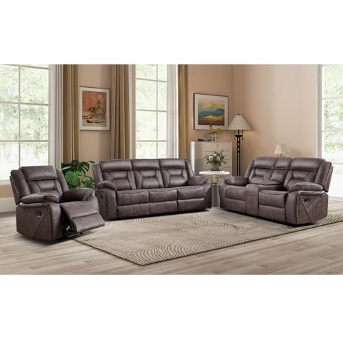 Image of EBELLO Faux Leather Recliner Sofa Furniture Set for Living Room, Recliner Chair, Manual Loveseat, 3 Seat Recliniing Sofa Couch Set for Meeting Room, Grey