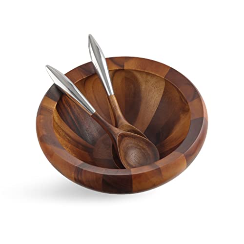 Nambe Yaro Acacia Wood Salad Bowl With 2 Salad Servers | Made Of Acacia Wood And Nambe Alloy | Large Deep Wooden Bowls | Acacia Wood Salad Bowl Set | Designed By Sean O’hara #TOP4