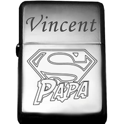 Briquet Tempête Gravure personnalisée, Votre Texte + SuperPapa (fête des pères) Disponible en Noir et Argenté