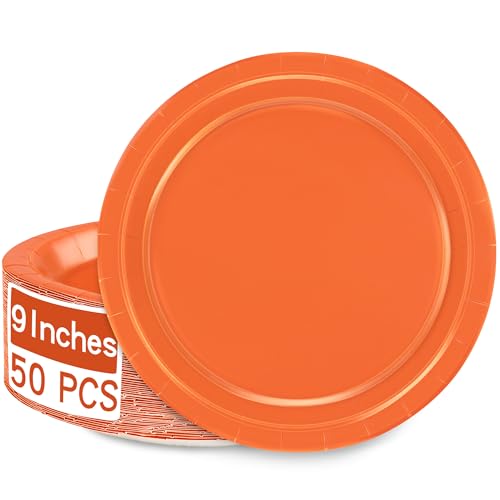 QZYL Disposable Paper Plates Set, 50 PCS Orange Dinner Paper Plates, Round 9 Inches Party Plates Pack for Daily Meal Picnic Anniversary Thanksgiving Festival Gathering Party Supplies