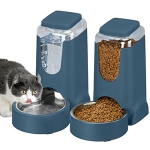 2 Pack Automatic Cat Feeder and Gravity Stainless Steel Water Dispenser, Dog Food Feeder and Waterer Set for Small Medium Puppy Kitten Pets (1 Gallon x 2, Navy)