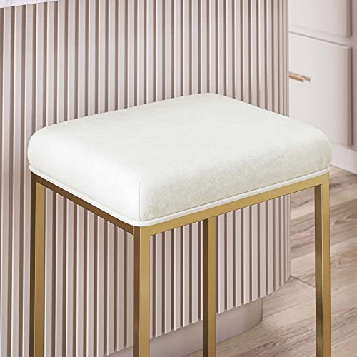Belleze 24" Backless Bar Stools Set Of 2, Counter Height Barstools, Modern Upholstered Pu Leather Counter Stools With Metal Base Kitchen Island Chairs Dining Chair, White & Gold #TOP5