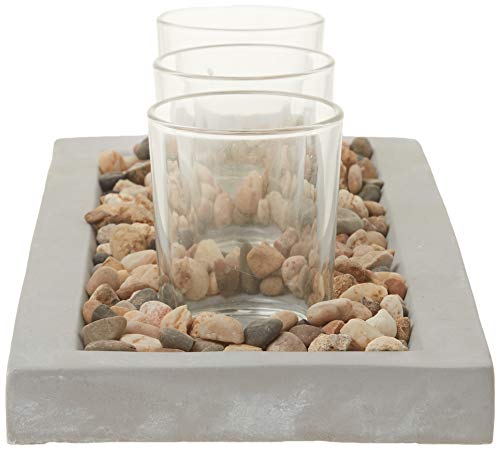 Briarwood Decorative Rustic Cement Tray, Natural Pebbles, And 3 Clear Glass Votive Candle Holders, Gray #TOP2