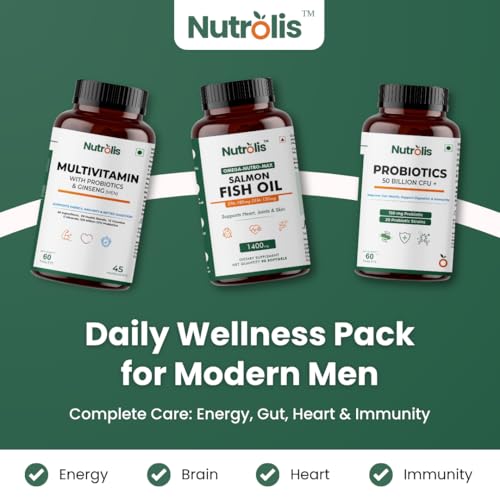 Image of Nutrolis Men's Health Combo - Multivitamin + Probiotics + Omega-3 Fish Oil | 3-in-1 Daily Supplement for Energy, Immunity, Gut & Heart Health | 3-Month Pack