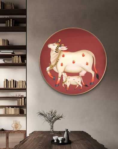 Image of SAF Large Round Pichwai Cow Wall Painting with golden frame Vinyl Sparkle laminated||Home decor Painting,Living Room, Bedroom,Office Room Decor - Painting for Wall Decoration GR-05
