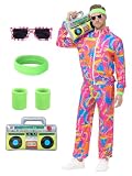 Pushayt 80s Outfit for Men - 90s Neon Tracksuit, Retro Windbreaker Halloween Costume, Hip Hop Workout Track Suit Set (Pink, XL)