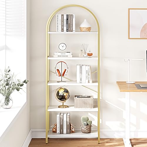 IDEALHOUSE Bookshelf 5 Tier Bookcase Arched Display Racks Tall Standing Bookshelves Metal Frame Modern Storage Rack Shelf Large Wood Book Shelf for Bedroom, Living Room, Home Office, White/Gold