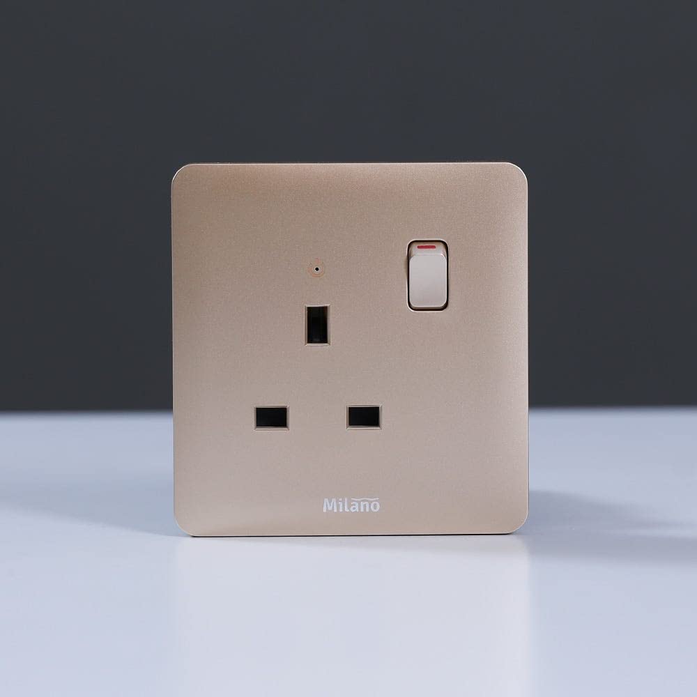Danube Home Milano 13A Single Switched Socket With Led Indicator | Made With Polypropylene Colored In Piano Gold - Electrical Switches, Sockets, Outlets For Home Appliances - L 3 X W 3" - Gold
