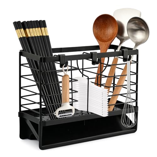 Jeyntanc Stainless Steel Utensil Holder, Utensil Drying Rack with Drain Tray, 3 Compartments Kitchen Counter Drainer Basket Cutlery Organizer for Forks, Chopsticks, Spoons(Color:Black)
