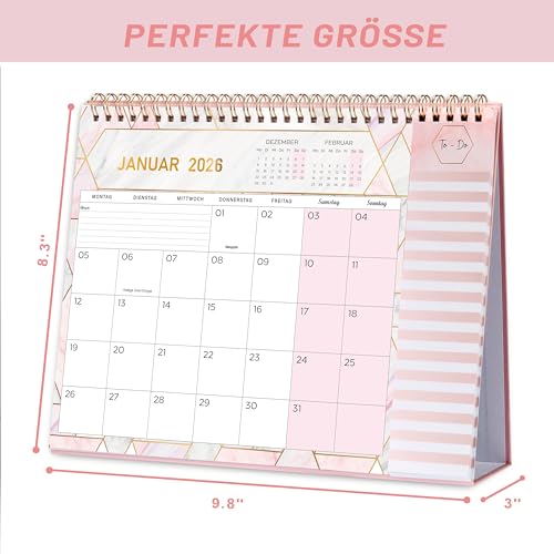 Tischkalender 2026-12 Monatskalender 2026, Tischkalender von JAN. bis DEZ. 2026, Kalender 2026 tischkalender mit Aufgabenliste, 26.7 x 21.8 x 7.8 cm - Rosa