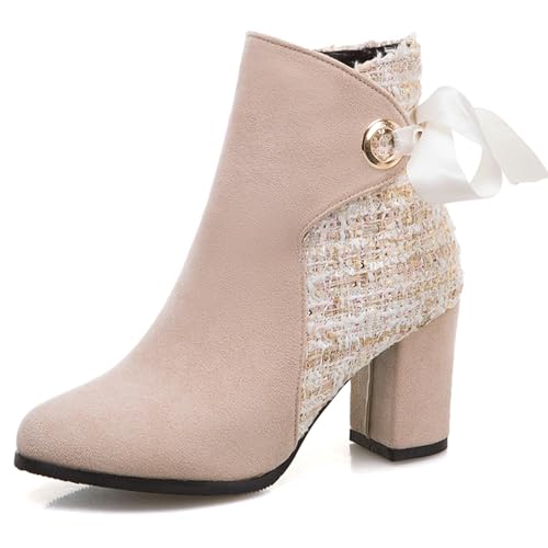 Bottines Femme Hiver à Talon Carré Confortable avec Noeud