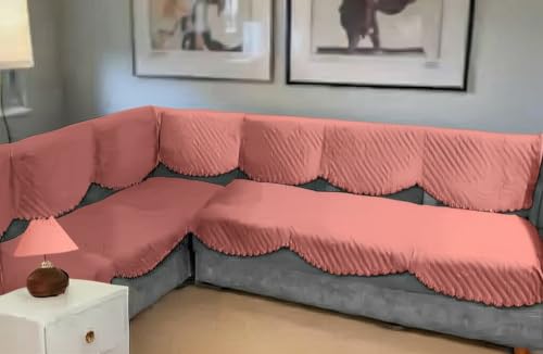 Image of BLUSH & BLOOM Blush and Bloom 7 Seater L Shape Self Design Velvet Quilted Sofa Cover and Chair Cover, Seat and Back Cover-Rose Gold
