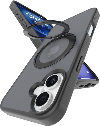 Image of eller sante Astros Magpro Back Cover Case for iPhone 16 Plus with Magnetic Alloy Ring Metal Kickstand Camera Protector TPU Shockproof 10ft Drop Protection Compatible with Mag-Safe- Black