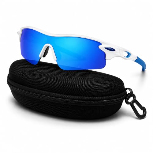 Image of Cycling Goggles for Men & Women | Sports Goggles UV400 Protection | Oversized Sports Sunglasses for Cricket, Running, Driving, Fishing, Hiking & Outdoor Activities (White : Blue stick)