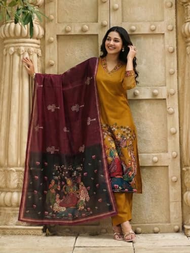 Image of GoSriKi Women Viscose Blend Printed Straight Kurta with Pant and Dupatta | Ladies Kurta Pant Dupatta Set | Women Ethnic Wear Dress | Indian Traditional Clothing for Girl
