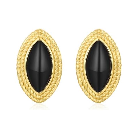 Dckazz Vintage Earrings Gold Chunky Oval Earrings with Black Agate Stone Vintage Stud 18K Gold Textured Statement Earrings Cover