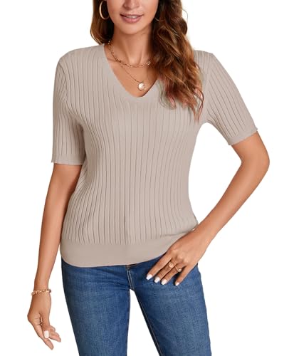 Image of Women Summer Knit Shirt Blouse V Neck Short Sleeve Pullover Sweater Tops