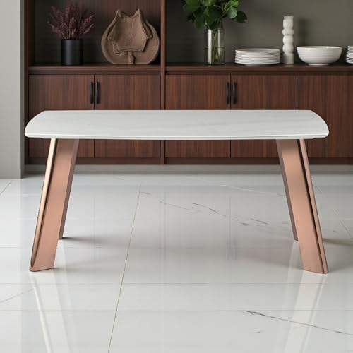 Image of The Attic Modern Dining Table, White Faux Marble Top & Polished Rose Gold /Copper Metal Legs, Rectangular 6 Seater Dining Table Kitchen or Office Table