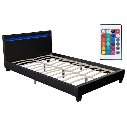 Juskys Lit rembourré Paris 120x200 cm avec sommier à Lattes, éclairage LED et tête de lit,...