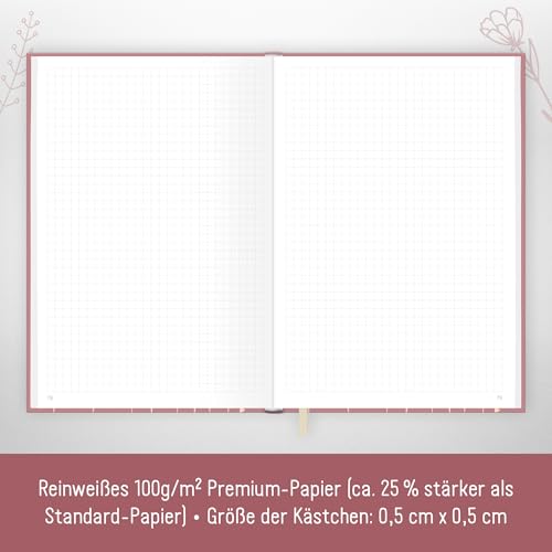 paper&you® notes A5+ w kratkę z gumką "Fine Flowers rosé" 156 stron, 78 kartek, papier premium 100 g/m², jako dziennik, pamiętnik, notatnik - zrównoważony i przyjazny dla klimatu
