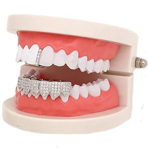 Lureen Silver Pave Full Cz Bar Grillz Teeth Top And 6 Bottom Set Grills + Extra Molding Bars #TOP5