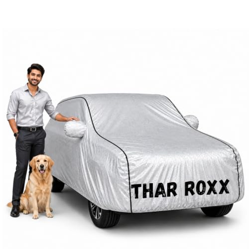 Image of Waterproof Car Cover for Thar Roxx | Soft Cotton Lining Heavy Duty Triple Stitched Heat Resistant Outdoor Cover Comes with Mirror and Antenna Pocket Full Bottom Elastic (Zig Zag Silver)
