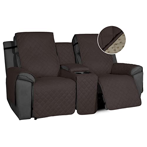 Easy-Going Non-Slip Loveseat Recliner Sofa Cover with Console, Water Resistant Double Reclining Couch Cover with Adjustable Strap, 2-Piece Washable Furniture Cover for Dog Pet (2 Seater, Chocolate)