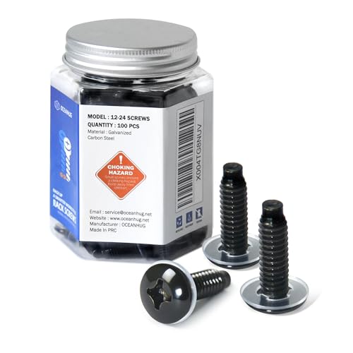 OCEANHUG 12-24 Rack Screws 100 Pack, Zinc Plated Carbon Steel Rack Mount Screws with Pilot Point & Plastic Washers for Network Racks, Servers, Switches, PDUs and Server Cabinets