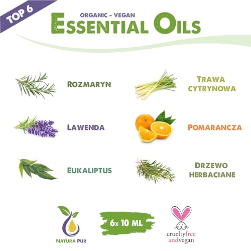 Zestaw Olejków Eterycznych - 100% organiczne i naturalne - Olejki zapachowe do dyfuzora - Olejki do aromaterapii, 6 x 10ml (rozmaryn, lawenda, eukaliptus, trawa cytrynowa, pomarańcza, drzewo herbaciane)