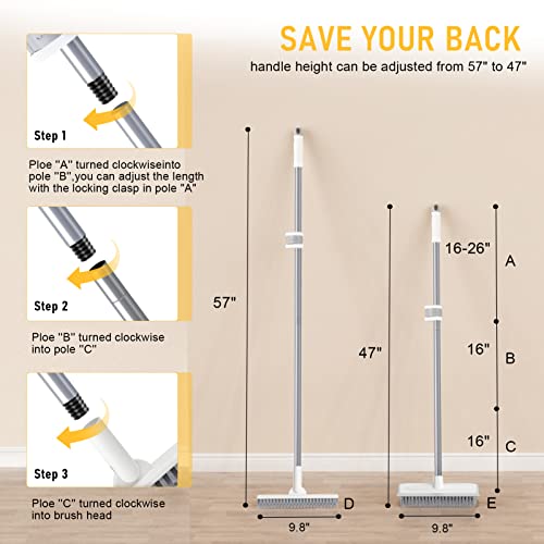 Sunally Floor Scrub Brush And Grout Scrub Brush Combo Kit With 57" Long Handle, 2 In 1 Scrape Brush Stiff Bristle, Shower Floor Scrubber, Deep Cleaning Brush Set For Multiple Scenes, Grey White #TOP5