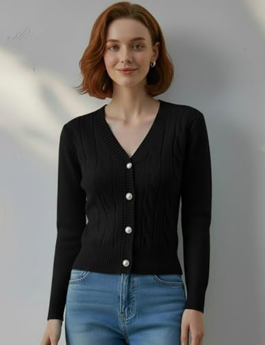 Image of Women's Casual Slim Fit Cardigan Sweaters Long Sleeve Button Down Lightweight Waist Length