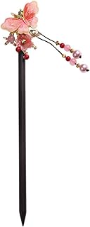 Vintage Chinese Hair Stick Hairpin with Tassel Flower and Insect Motif for Women Wooden Hair Chopstick Bun Pin for Hanfu and Updos