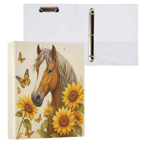 Horse Round Ring Binders 1.5 Inch Butterfly Sunflower 3 Ring Clipboard Binder for Office School Work Supplies File Folder Document 200 Sheet Capacity Easy Open