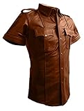 Real Leather Mens Brown Sheep Cow Leather Police Real Uniform Shirt BLUF Gay Mens Shirt Hot Lamb Leather-Large-Cow