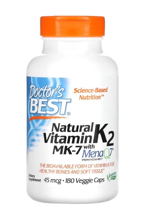 Doctor's Best - Vitamina naturale K2 MK7 con MenaQ7, 45 mcg, 180 vcaps, supporto per la salute delle ossa e del cuore