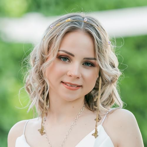 Jxiwfvl Gold Wedding Butterfly Headband Hair Accessories, Tassel Pearl Butterfly Hair Chain for Women, Sparkly Head Hoop Fake Earrings Headpiece Decorative for Women Headdress - Thumbnail 7