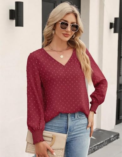 GAMISS Long Sleeve Top for Women Top Swiss Dot Shirt Casual V Neck Ribbed Blouse Trendy Tops Green, L — view 3