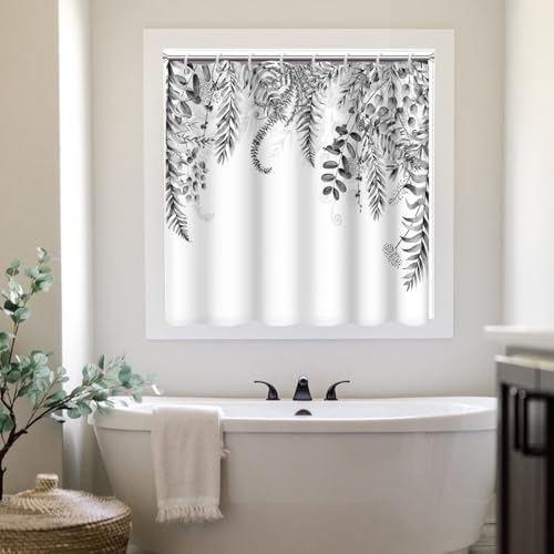 Ruelvth Shower Window Curtain, Waterproof Spring Grey Eucalyptus Small Short Window Curtain with Hooks for Kitchen and Bathroom, 60x48 Inch by Ruelvth - Used condition - Image 2