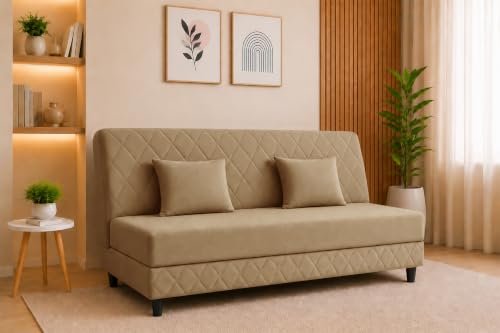 Velvet Fabric Sofa Cum Bed | 3 Seater Sofa Bed | Premium Upholstered Folding Couch for Living Room, Guest Room & Bedroom | Quilted Backrest with 2 Cushions (Golden)