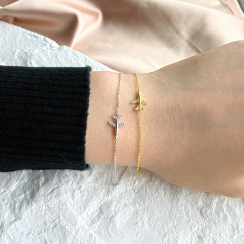 Cubic Zirconia Airplane Bracelet for Women 925 Sterling Silver Fly Plane Delicate Bracelets Minimalist Adjustable Statement Hypoallergenic Chain Jewelry3
